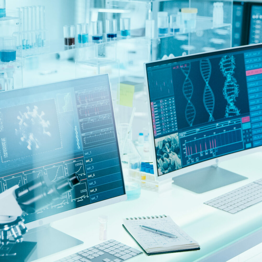 Futuristic,Laboratory,Equipment,-,Coronavirus,Testing.,Computer,Screens,In,Laboratory.